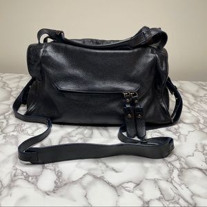 Sandro Black Leather Satchel with Blue Piping